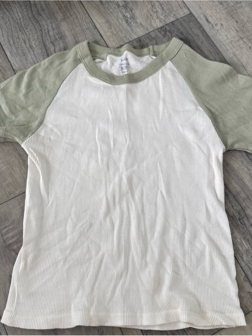 Brandy Melville White Ribbed Crop Top with Sage Green Raglan Sleeves
